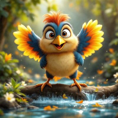 The primary subject of the image is a small, colorful bird with a big smile on its face. The bird is standing on a rock near a stream, surrounded by a lush green forest. The visual style of the image is a digital art or illustration, with the bird being the main focus of the scene. The colors and mood of the image are vibrant and cheerful, with the bird's bright colors and the greenery of the forest creating a sense of warmth and happiness.